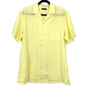 Manguun Button Front Short Sleeve Shirt Mens Size Large Linen Blend Light Yellow
